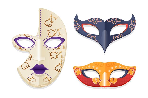 Pack of venetian carnival masks on white background