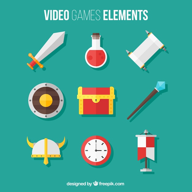 Pack of video game elements in flat design