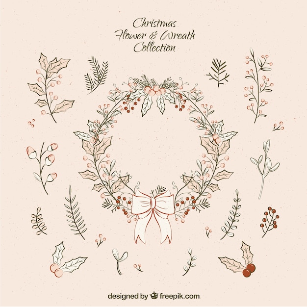 Pack of vintage floral wreath and christmas natural details