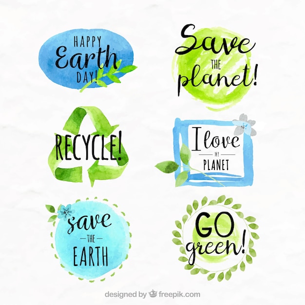 Free vector pack of watercolor earth day stickers