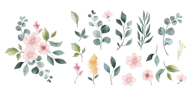 Pack of watercolor leaves and flowers