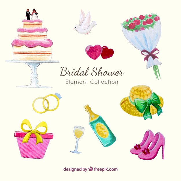 pack watercolor wedding elements and bridal shower
