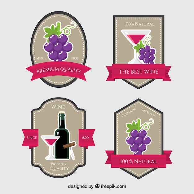 Free vector pack of wine stickers in flat design
