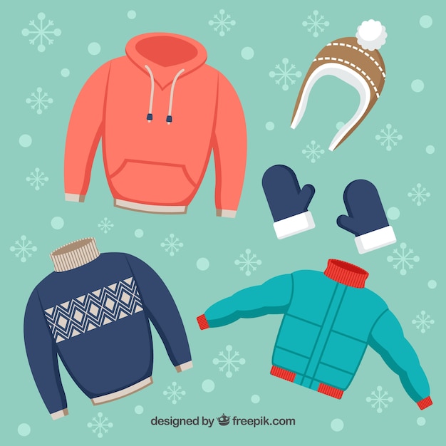 Pack of winter clothes in flat style