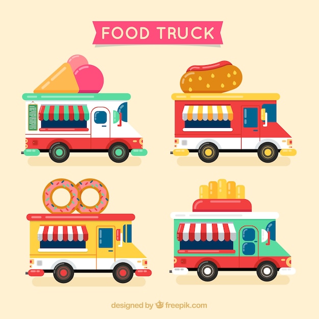 Free vector pack with cartoon food trucks