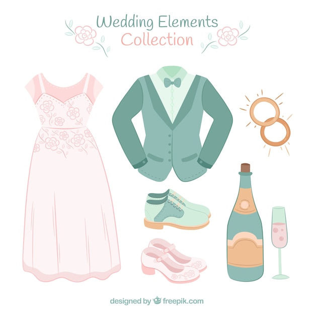 Бесплатное векторное изображение Пакет с свадебным платьем и другими декоративными элементами