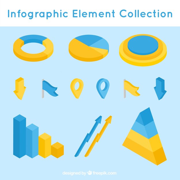 インフォグラフィックのための黄色と青の等角投影要素のパック