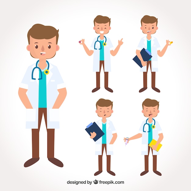 Pack of young doctor at different tasks