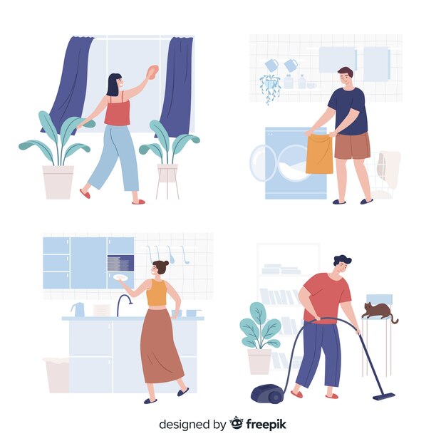Pack of young people doing housework