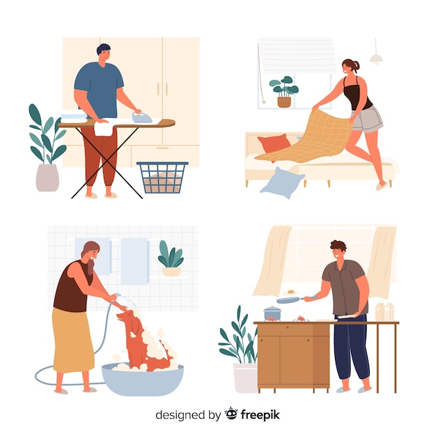 Free vector pack of young people doing housework