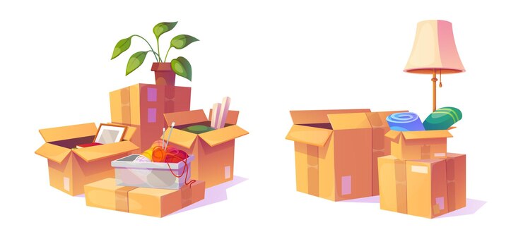 Free Vector packed cardboard boxes isolated white background