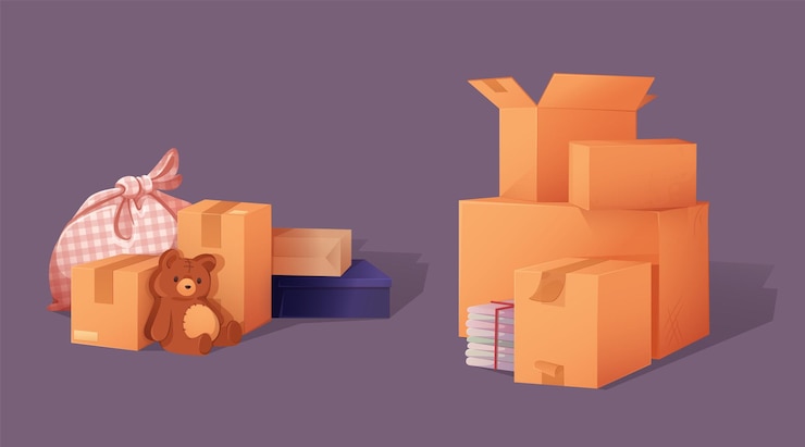 Free Vector packed cardboard boxes set isolated on black