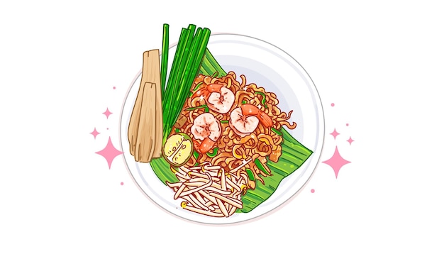 팟 타이 새우 전통 아시아 음식 메뉴 로고 낙서 손으로 그린 만화 예술 그림