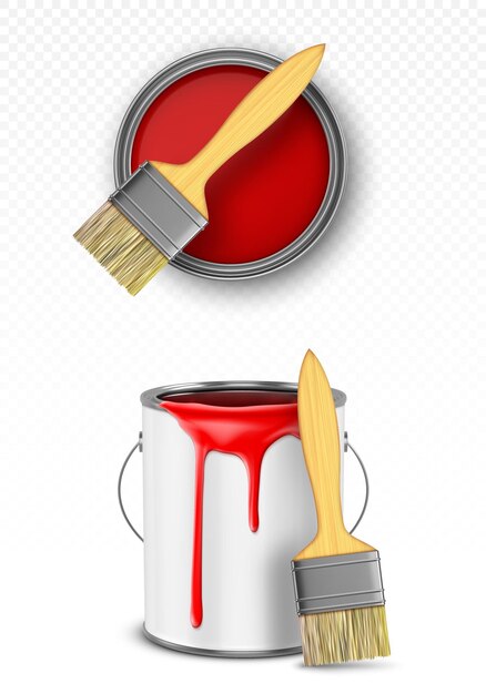 paint can with brush, tin bucket with red dripping drops top and front view isolated on transparent background.