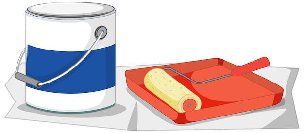 Free vector paint roller with paint tray and color bucket for painting work