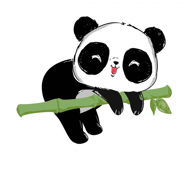 かわいいパンダのクマと竹のイラストを描いた プレミアムベクター