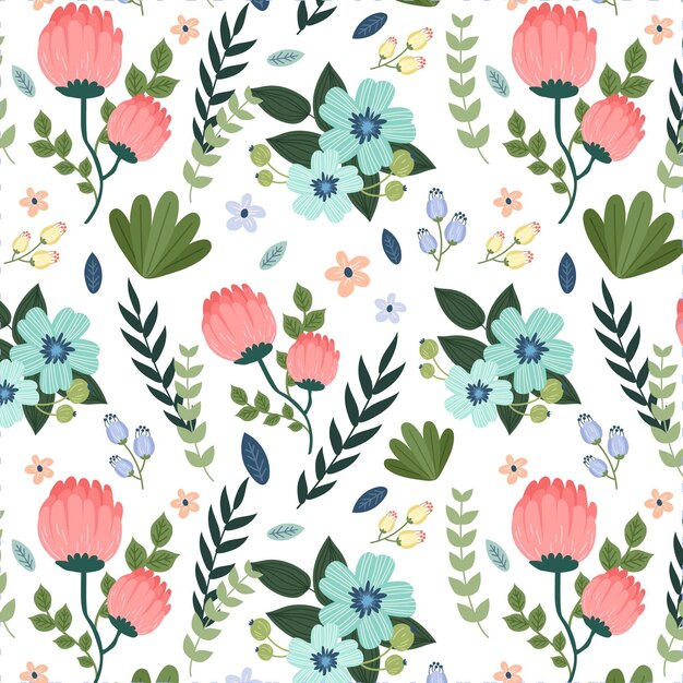 Painted leaves and exotic flowers pattern