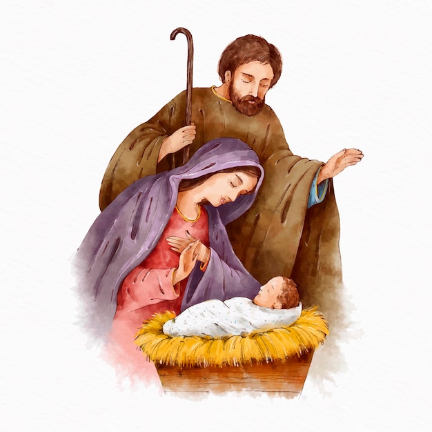 水彩で描かれたキリスト降誕のシーン