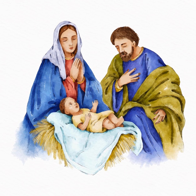 免费矢量画水彩的基督诞生的场景