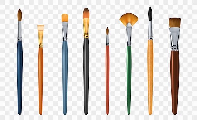 Painter brush realistic transparent set with art symbols isolated vector illustration