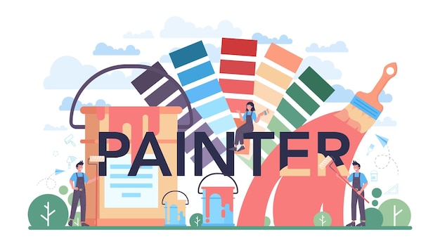 Painter typographic header People in the uniform paint the wall with paint roller and plastering a wall with spatula Wall decorator renovating a house Vector flat illustration