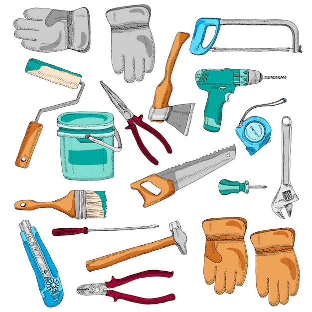 Painter working tools icons set color 