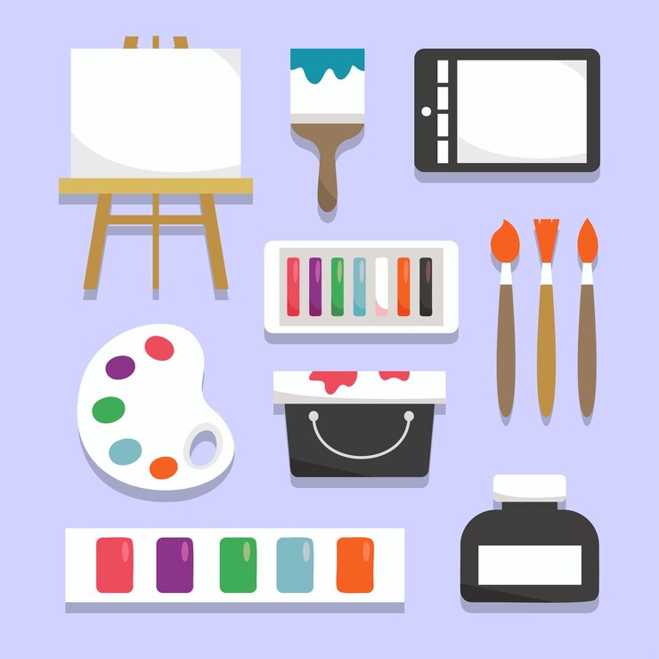 Free Vector painting tools creative materials for art workshop set in cartoon style easel canvas pencil marker paintbrush watercolor painting tools vector illustration