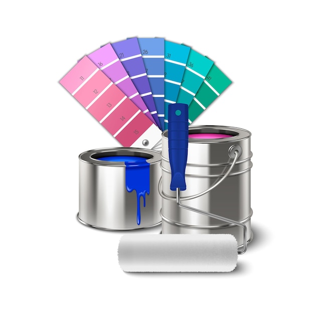 Free vector painting tools realistic composition with palette metal cans of paint and clean white roller vector illustration