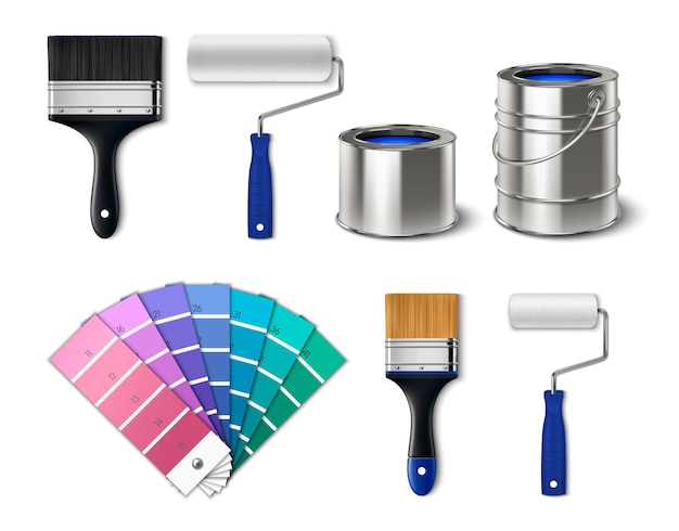 Free vector painting tools realistic set with isolated palette paint cans rollers and paintbrushes vector illustration