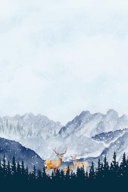 그림 눈은 산 겨울 시간에 사슴 가족의 숲 겨울 수채화 풍경에 떨어진다 프리미엄 벡터
