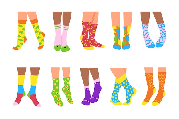 Pairs of female legs in warm socks vector illustrations set. Doodles of feet of girls in trendy stockings or underwear isolated on white background. Fashion, clothes, footwear, accessories concept