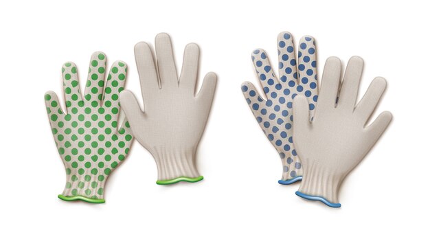 pairs of green and blue gardening work gloves isolated