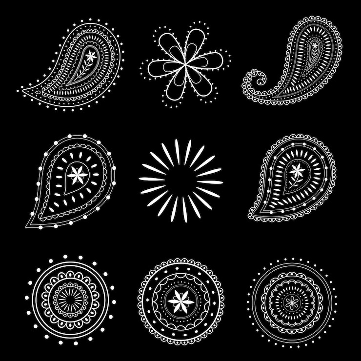 Free Vector paisley mandala sticker, simple black indian illustration vector set