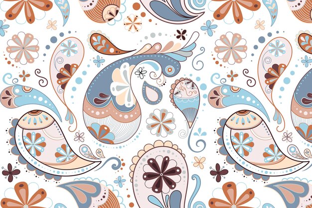 페이즐리 패턴 배경, 파란색 귀여운 장식 그림 벡터