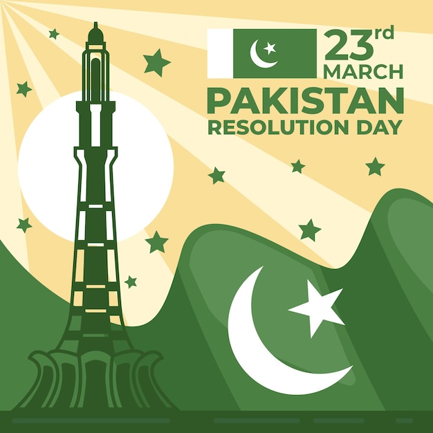 Бесплатное векторное изображение Иллюстрация дня пакистана с флагом и зданием минар-и-пакистан