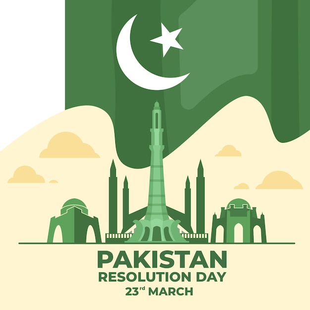 Pakistan day illustration with flag and minar-e-pakistan building