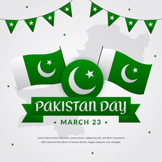 Vettore gratuito illustrazione di giorno del pakistan con bandiere e ghirlanda