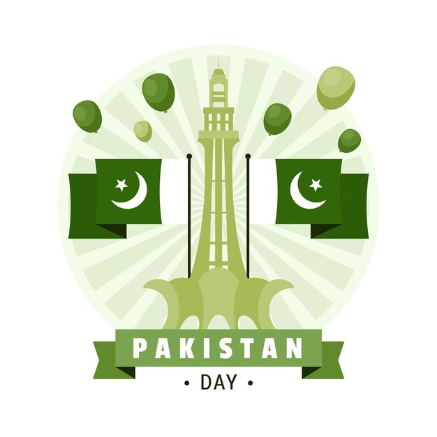 Иллюстрация дня пакистана с памятником минар-и-пакистан и флагами