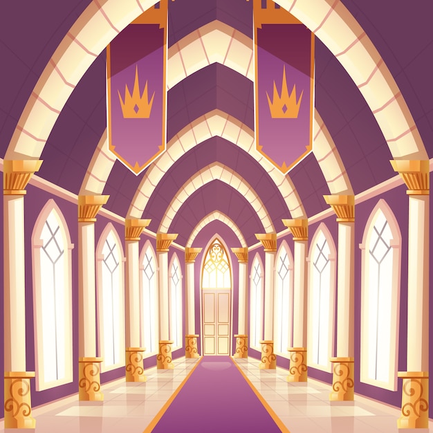 Бесплатное векторное изображение Дворцовый зал, колонна замка, пустой коридор, интерьер