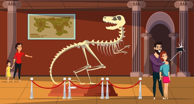 Free vector paleontology museum with exhibition visitors mother with little daughter young couple taking selfie dinosaur bones exposition tyrannosaurus rex skeleton