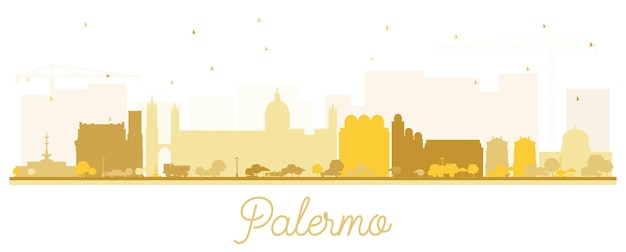 Силуэт горизонта города палермо италия с золотыми зданиями, изолированные на белом. векторные иллюстрации. концепция путешествий и туризма с исторической архитектурой. палермо, сицилия, городской пейзаж с достопримечательностями.