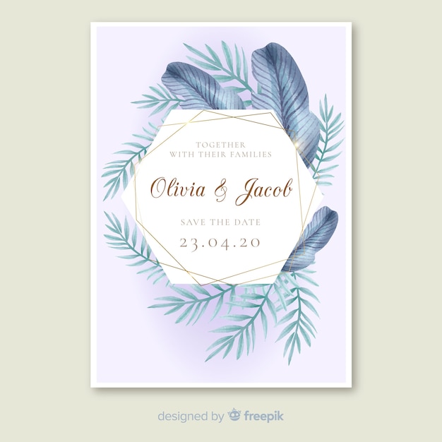 Free vector palm leaves wedding invitation template