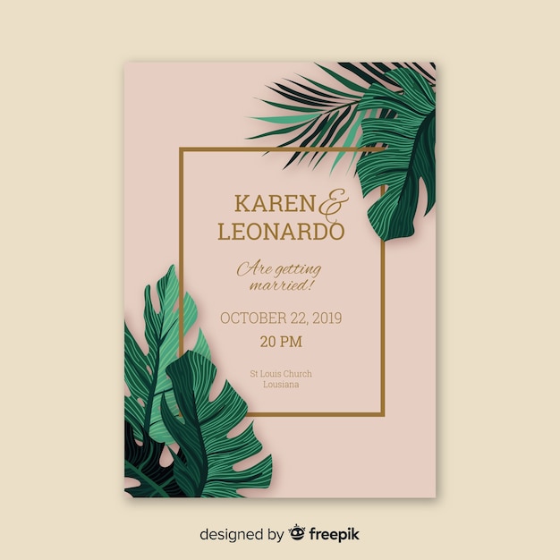 Free vector palm leaves wedding invitation template