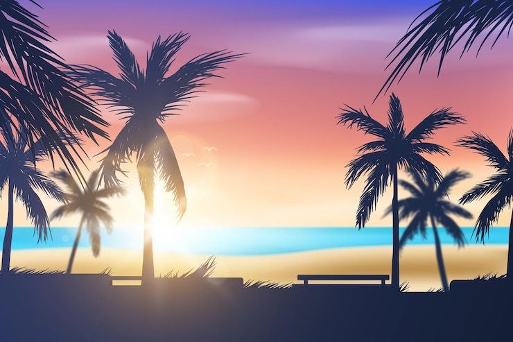 無料Vector ヤシのシルエットとビーチの背景
