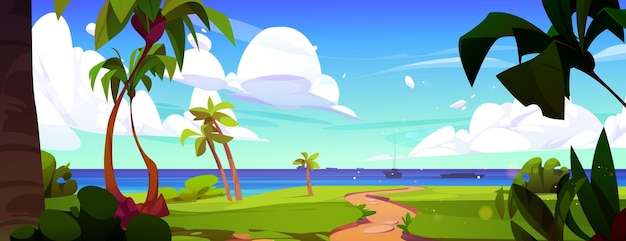 Free vector palm tree on road to sea or ocean beach landscape background tropical path street to water coast on sunny day beautiful blue sky and green grass way to peaceful location environment with nobody