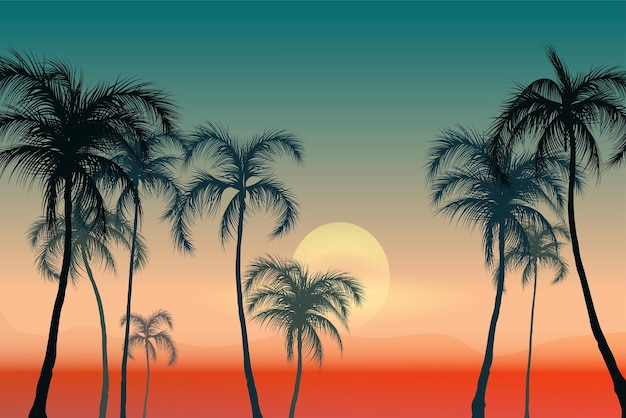 Бесплатное векторное изображение Композиция заката пальмы с открытым пейзажем и градиентным небом с солнцем и силуэтами деревьев векторная иллюстрация