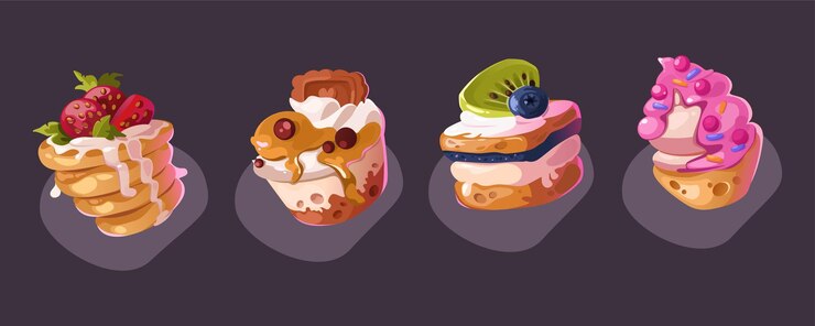 Free Vector pancake and cake dessert vector icon illustration cartoon sweet breakfast isolated set strawberry pastry and honey panna snack design for food menu american bakery pile with berries and meringue