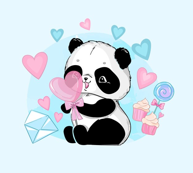 手描きのかわいいパンダと分離された赤いハート プレミアムベクター
