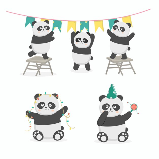 パンダとケーキとお誕生日おめでとうイラスト 無料のベクター