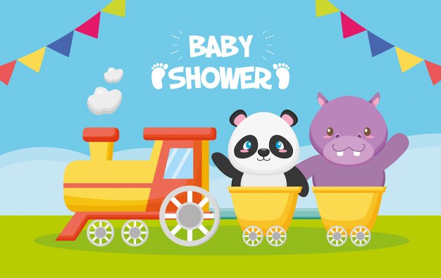 Panda and hippo in a train for baby shower card